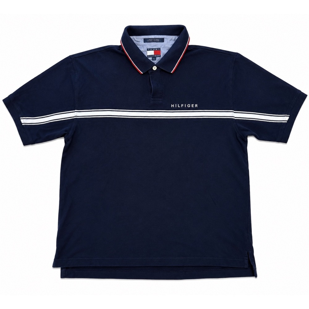 Tommy Hilfiger Mens XL Navy Blue Striped Short Sleeve Polo Shirt Cotton Pique